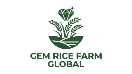 Obraz premium Green diamond gem on rice plant stalks above farm land, vector logo