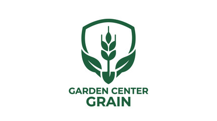 Green shield logo with wheat stalk, leaves, and shovel icon, representing garden center grain © atha_lintar