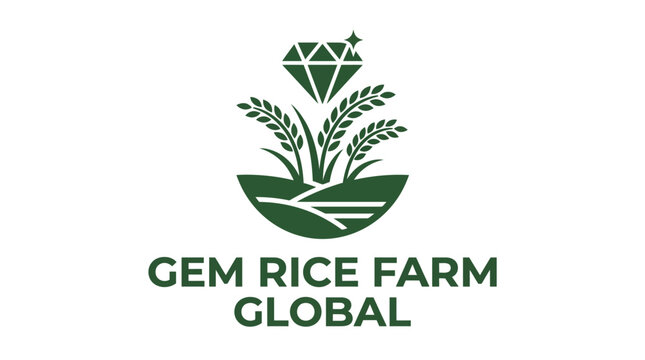 Green diamond gem on rice plant stalks above farm land, vector logo