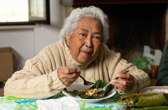 Elderly Woman Enjoys Traditional Meal at Home 