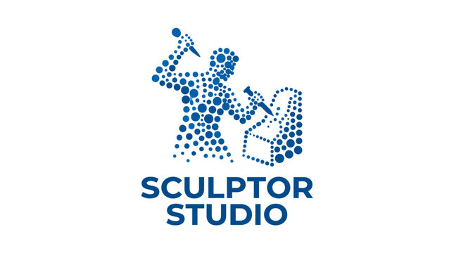 Sculptor Studio logo design featuring a figure carving a block with tools, isolated on white