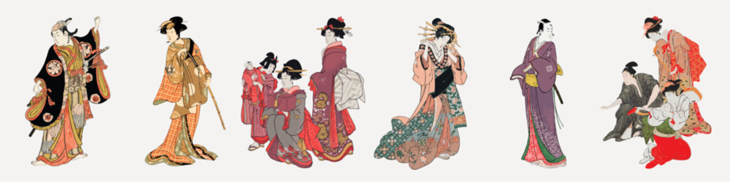 Vector of traditional Japanese figures in colorful kimonos, showcasing cultural attire.