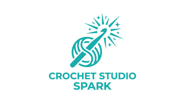 Teal crochet hook and yarn logo with radiating stars and text 'CROCHET STUDIO SPARK'.