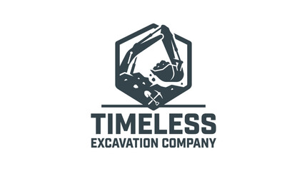 Hexagonal emblem with excavator digging soil, "Timeless Excavation Company" text, industrial logo design © atha_lintar
