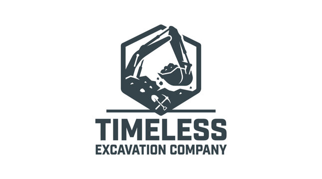 Hexagonal emblem with excavator digging soil, "Timeless Excavation Company" text, industrial logo design