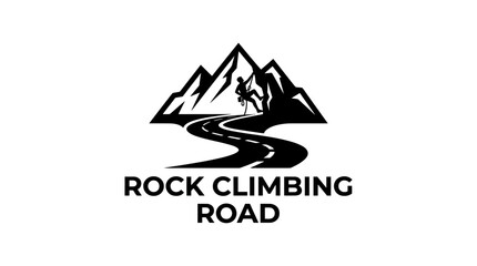 Mountain road with climber silhouette and text "ROCK CLIMBING ROAD", vector graphic © atha_lintar