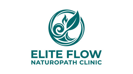 Fototapeta premium Teal leaf and swirl logo for naturopath clinic, isolated on white