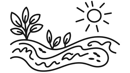 Fototapeta premium Simple black and white line of a landscape with a sun and plants growing from a wavy ground on a white background