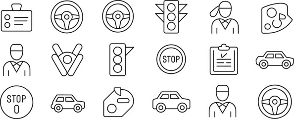 Fototapeta premium Icons Driving School and Road Safety Black Outline Collection of Various Learning Symbols on a White Background