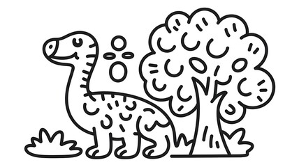 Naklejka premium Simple black and white line of a long necked dinosaur standing next to a tree on a white background prehistoric