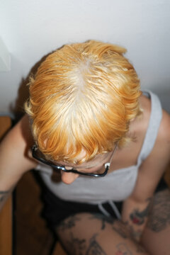 Anonymous Blond girl Close up portrait from above