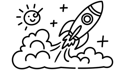 Naklejka premium Hand drawn black and white line of a rocket ship launching into space with a smiling sun and stars on a clean white background