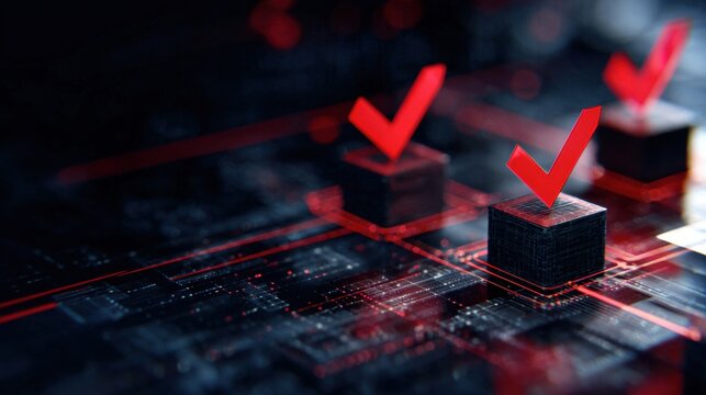Check marks appear on black boxes connected by digital lines in a tech setting