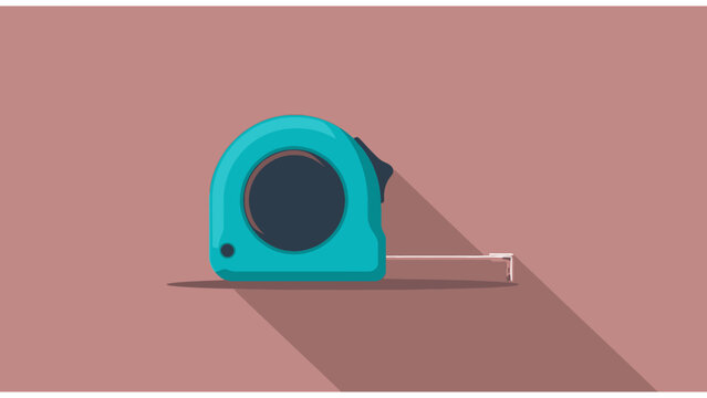 Minimalist Tape Measure Illustration featuring a teal measuring tool with long shadow on a pink background, ideal for construction icons and DIY project graphics.