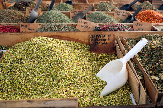 Market Stall with Green Olives and Scoop