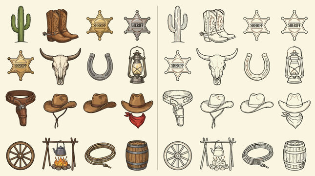 Collection of Western cowboy elements and symbols, including boots, hats, sheriff badges, and cacti, presented in both color and line art.