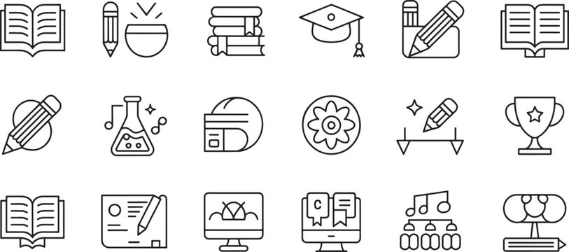 Icons Education Outline Set with Books, Graduation Cap, Pencils, Science, and Computer Monitors for Learning.