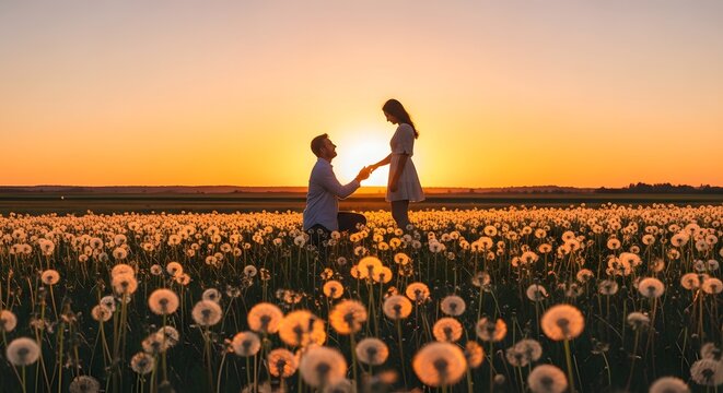 Man proposing to woman in dandelion field at sunset