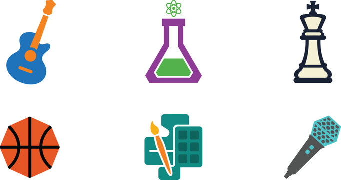 Modern minimalist icon set representing various hobbies interests activities and extracurricular school subjects