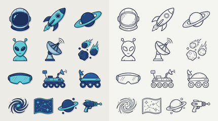 Collection of space-themed icons including rockets, aliens, planets, and astronauts in both color and outline styles. © renender