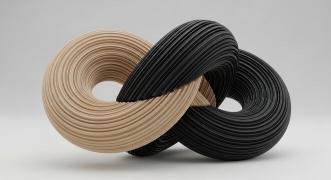 Abstract 3D Interlocking Torus Sculpture in Black and Beige