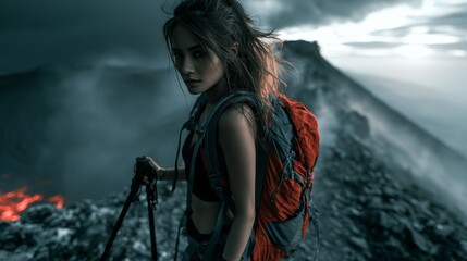 Obraz premium Dramatic Portrait of Woman on Misty Mountaintop at Dusk with Epic View