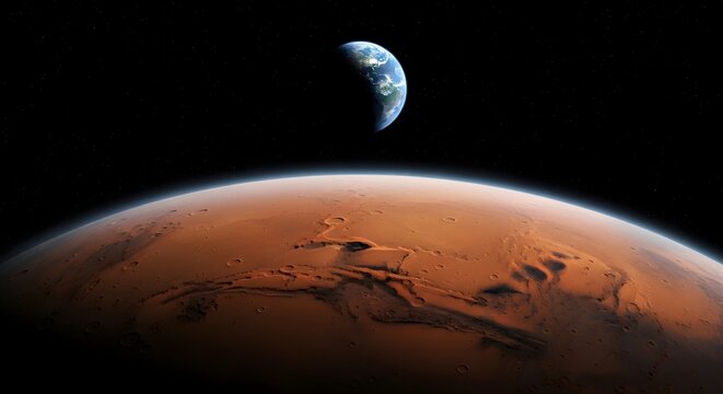 Mars surface and Earth planet in outer space