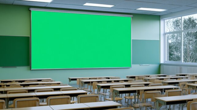 Modern empty classroom with large green screen display for virtual education setup