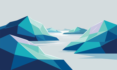 Low poly arctic landscape with blue icebergs, geometric winter mountain peaks in frozen ocean, minimalist polar background vector © Rafiul2007