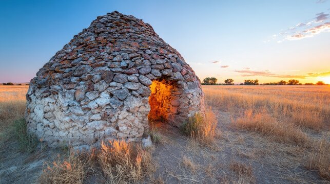 Old stone structure at sunset with warm light in the doorway