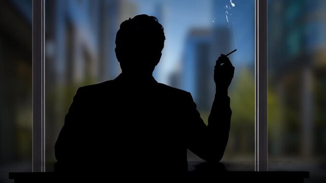 Man silhouette seated at a desk cigarette in hand