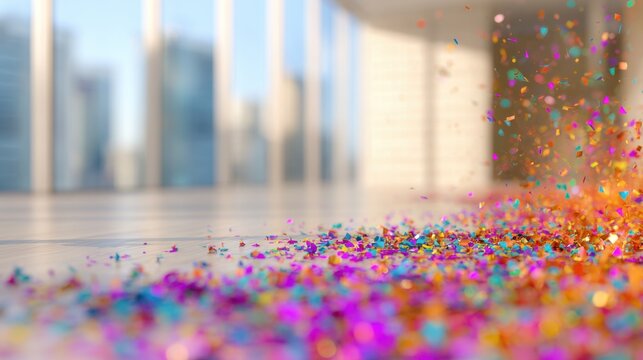 Colorful confetti on floor in modern space during celebration event