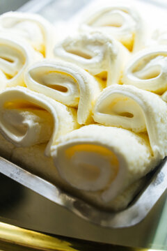 Rolled Turkish ice cream in metal tray