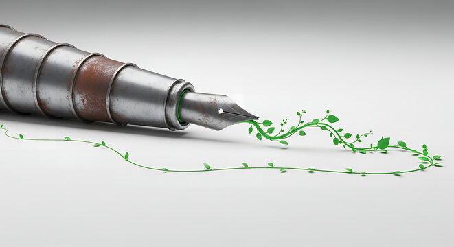 Massive weathered metal industrial chimney transformed into fountain pen nib drawing green ink line growing into leaves