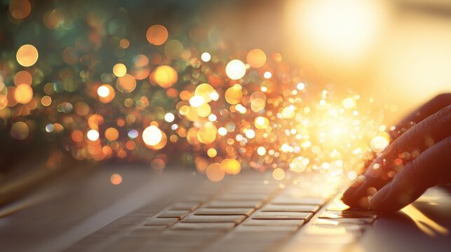 Hands typing on a laptop with creative sparkles in the background
