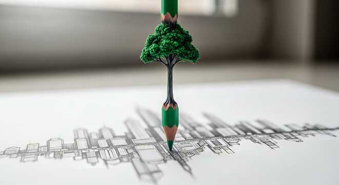 Macro photograph of sharpened green pencil with tip carved into tiny tree erasing monochrome drawn cityscape from paper