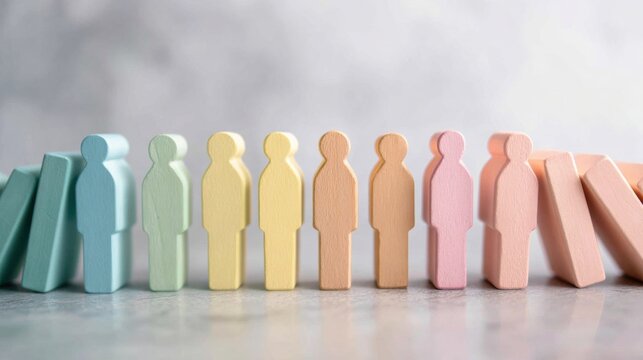 Colorful wooden figures standing in a row with falling blocks beside them
