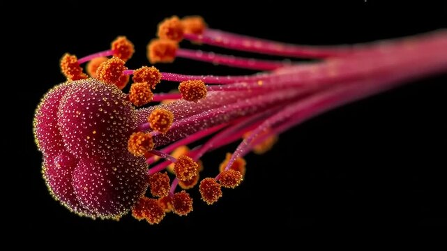 A close-up view of a pink stamen with orange anthers covered in serbuk sari menempel di ujung.