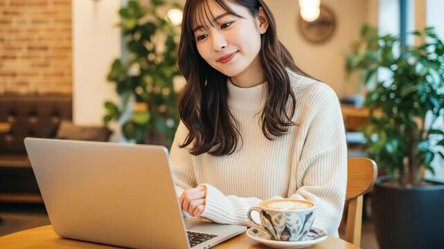 お洒落な店内で楽しそうにパソコン作業をする女性