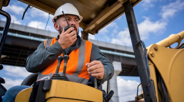 Construction worker using radio in excavator