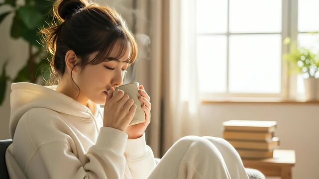 湯気の立つマグカップを両手で持ち温かいドリンクを飲む女性