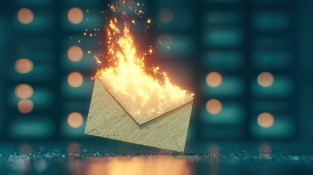 Envelope catches fire with flames rising up in a dark setting