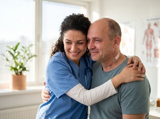 Fototapeta premium Compassionate female doctor hugging neck cancer patient in clinic hospital support concept