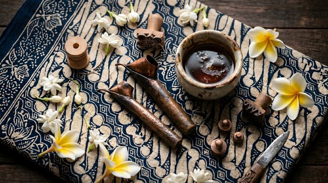 Traditional Indonesian items including batik cloth and spices