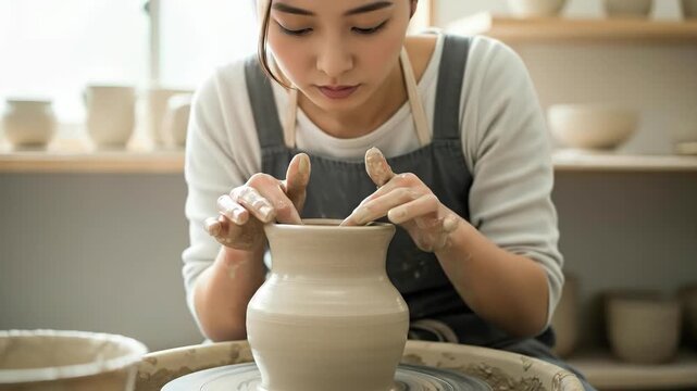 真剣な眼差しでろくろを回し陶器を形作る女性
