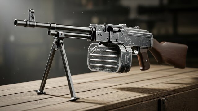 Detailed rendering of a PKM machine gun resting on weathered wooden crate surface showcasing