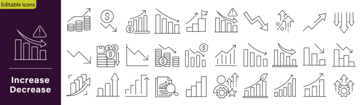 Increase Decrease icon set. Containing arrow up down, market trend, high low scale, fluctuation, adjustment, and more. Editable stroke. Vector illustration