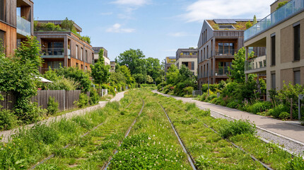 Fototapeta premium Sustainable city light rail tracks completely overgrown with lush green grass on sunny day morning