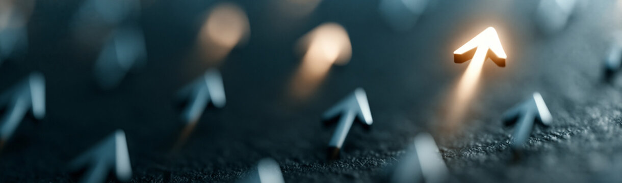 Leading the Way: A single illuminated arrow emerges from a field of similar arrows, symbolizing leadership, innovation, and breaking away from the crowd.