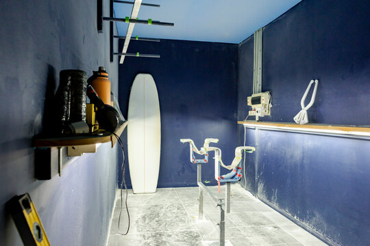 Empty shaping bay in surfboard workshop in Australia